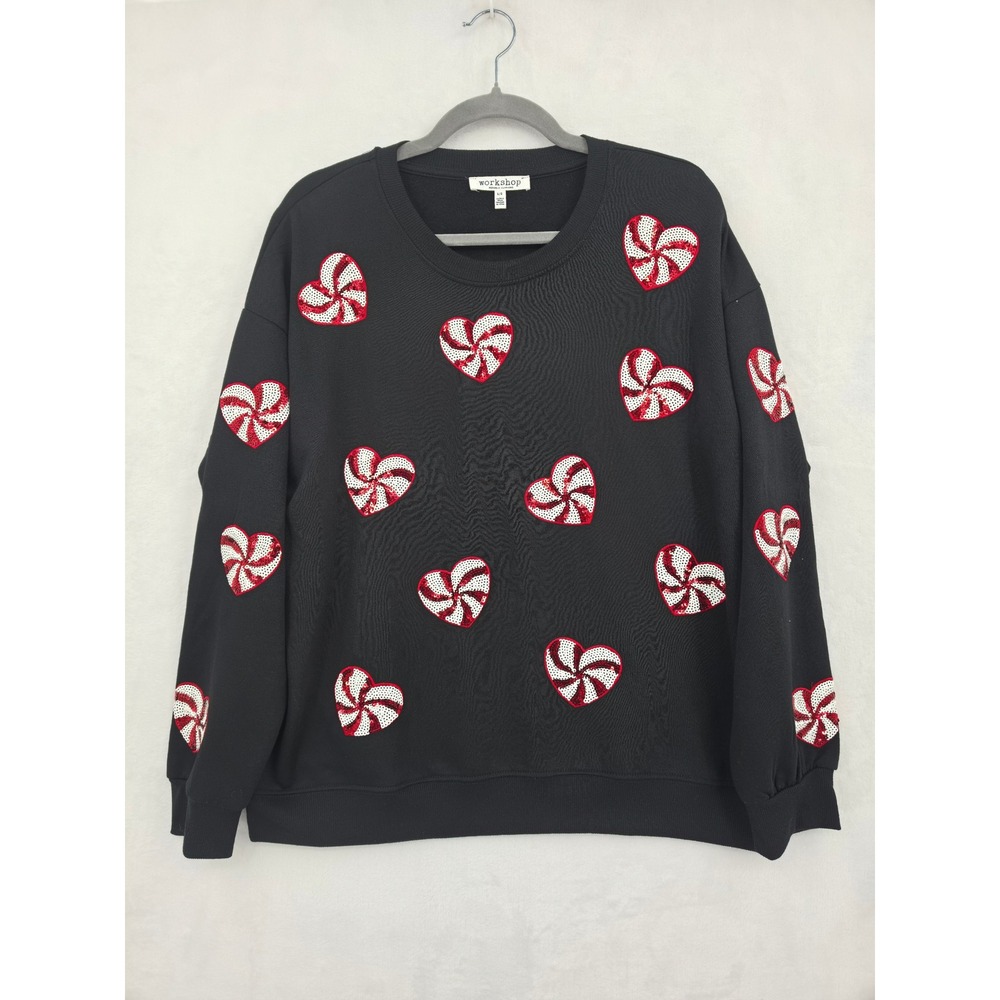 Workshop Republic Clothing Black Sequin Peppermint Heart Sweatshirt Large Casual